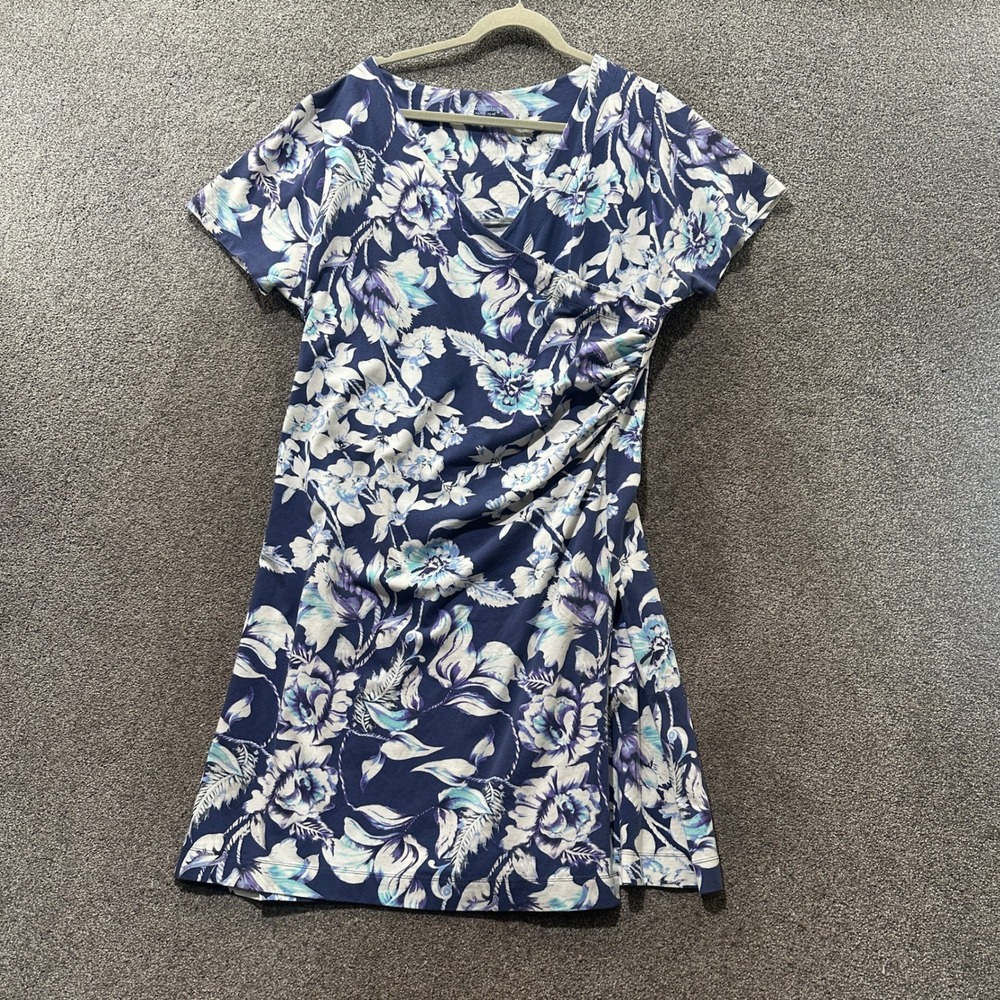 Soft Surroundings Faux Wrap Dress Blue Floral Women 1X Coastal Summer Sundress
